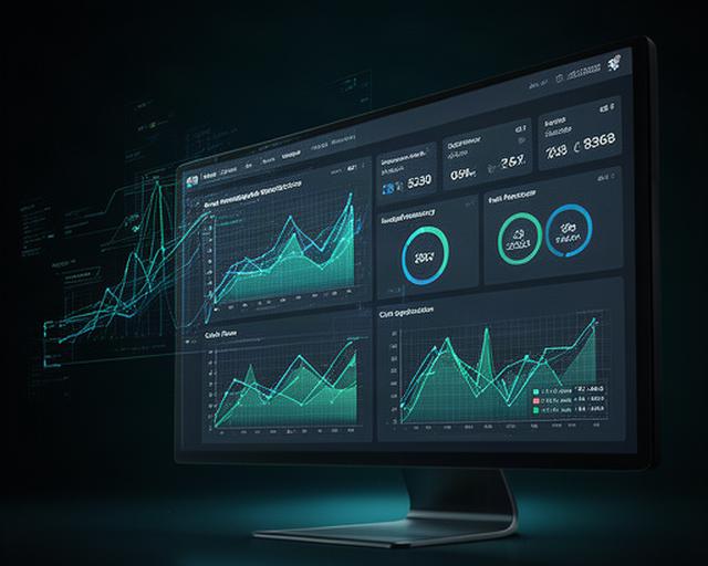 暗めの背景に表示された、AI予算策定サービスのモダンなダッシュボード画面。青と緑のグラフが数字で将来の財務予測を可視化している。