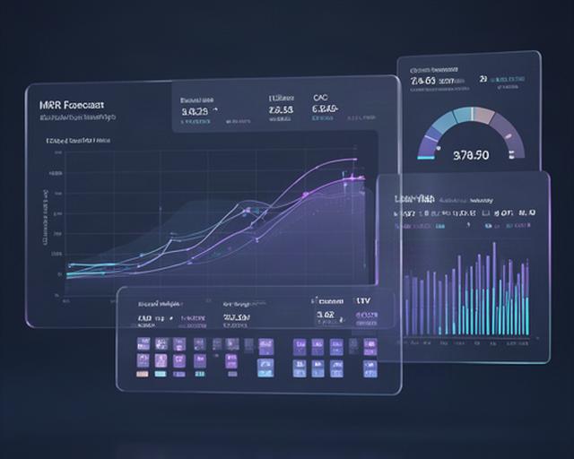 SaaS企業向けのMRR予測とコホート分析を表示するダッシュボード。紫色のアクセントが効いた、ガラスのような半透明UIパネル。